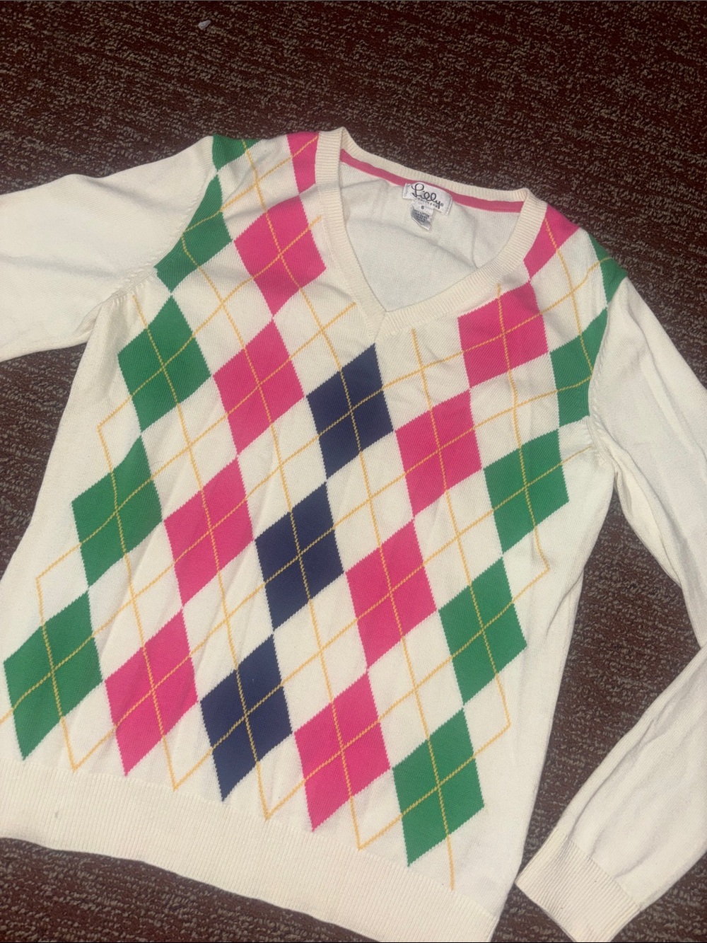 Vintage Lilly Pulitzer cream argyle long sleeve cotton sweater colorful girly S
